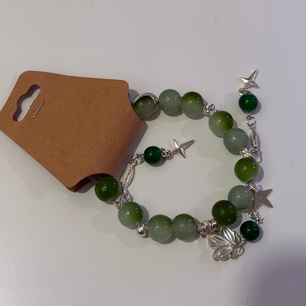 Green Beaded Bracelet with Silver Accents